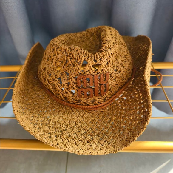 Miu Miu Accessories - Miu Miu Beige Grass Woven Cowboy Hat OS 57cm Western Sun Hat Adjustable